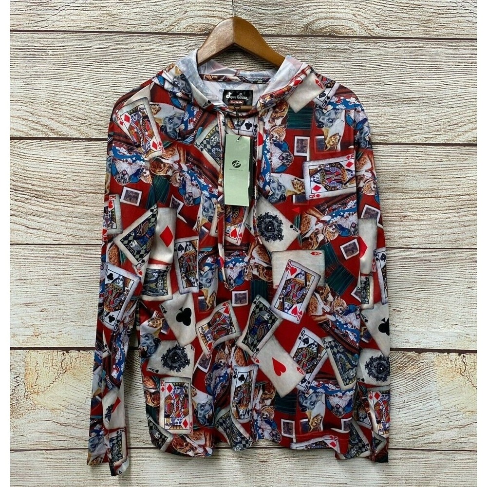 Drill Hooded Shirt Mens Size Small Polyester Poker Dogs Hooded Thin Shirt New
